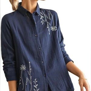 Floral Embroidered Linen-Blend Button Down Top 3/4 Sleeve Size L